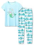 Beezizac Girls Cozy Cotton Pajama Set Blue Mermaid Short Sleeve & Pants 2-Piece PJ Spring Outfit Size 18