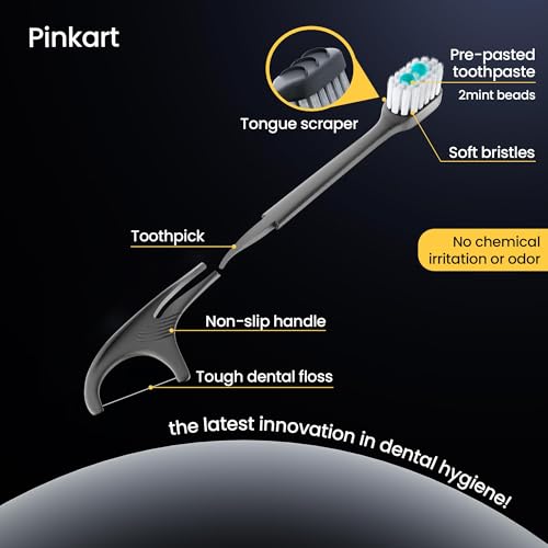 Pinkart 5-in-1 Travel Toothbrush | Disposable toothbrushes with Toothpaste | Floss/Toothpick/Tongue Scraper | Individually Wrapped Disposable toothbrushes | 5.3" Extended Handle (96 Count) — view 5