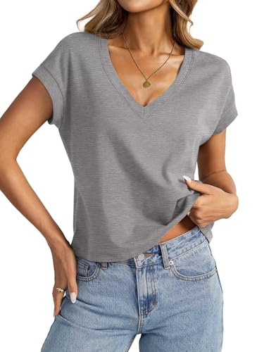 EasyGala Womens Cotton Crop Tops Loose Fit V Neck Short Sleeve Shirt Summer