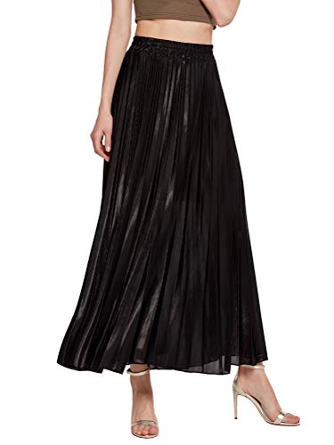 ORANDESIGNE Mujer Falda Verano Moda Vintage Básica Cintura Alta Plisada Larga Falda Swing Skirt Cintura Elástica para Playa Cóctel Negro Small