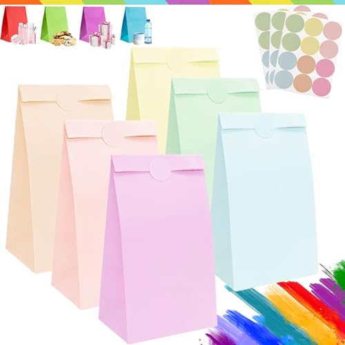 30Pcs Sac Papier Cadeau Petit avec 36 Autocollants 24x13x8cm,Pochette Cadeaux Papier Macaron,Pochette Cadeau Anniversaire Enfant,Sachet Bonbon Coloré pour Mariage,Noël,Halloween,Anniversaire,Party