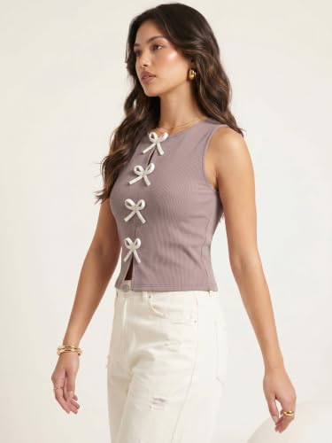 Image of Selvia Ribbed Bow Detail Sleeveless Crop Tops for Women Western