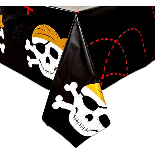 Image of BLUE PANDA Skull Plastic Tablecloths for Pirate Birthday Party (54 x 108 in, 3 Pack) - Pirate Tablecloth - Table Cloth - Plastic Table Cloth Disposable