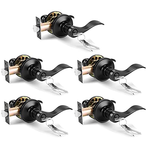 Image of Gobrico 5 Pack Keyed Alike Door Lever Handle, Matte Black Wave Style Knobs with Lock and Key for Entrance Door