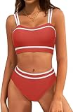 ZAFUL Womens Bathing Suit 2025 High Waisted Sporty Swim Suits Adjustable Straps Cheeky Two Piece Bikini Sets Red, S