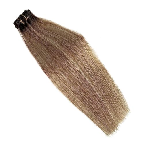 Image of Clip in Hair Extensions Real Human Hair 7 Pcs Golden Brown Mixed 613 Blonde Highlights Human Hair Extensions Clip ins Medium Brown Roots Human Hair Clip in Extensions 16 Inch 70g, #4T12P613