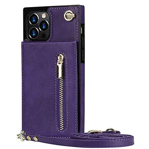 Coque bandoulière iPhone 8 Plus portefeuille fermeture éclair cordon violet