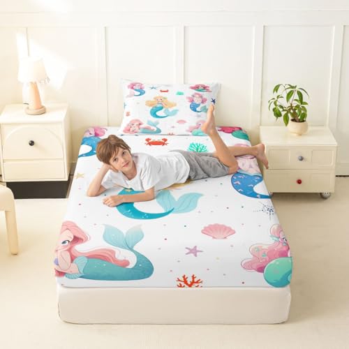 Image of jejeloiu Mermaid Bed Sheets Set Twin Size Mermaid Tail Deep Pocket Fitted Sheet Sea Animal Bedding Sets Ocean Theme Soft Bed Set 3Pcs with 1 Pillow Cases