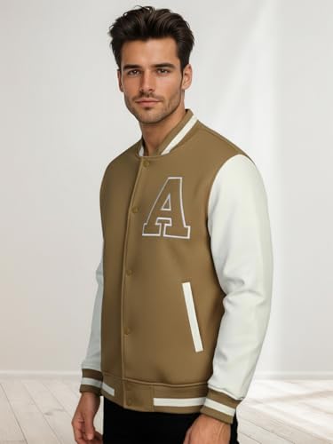 Image of CHKOKKO Men's Regular Varsity Jacket with Snap Button Closure and Patch Design Trendy Comfortable Outerwear for College Travel and Casual Wear