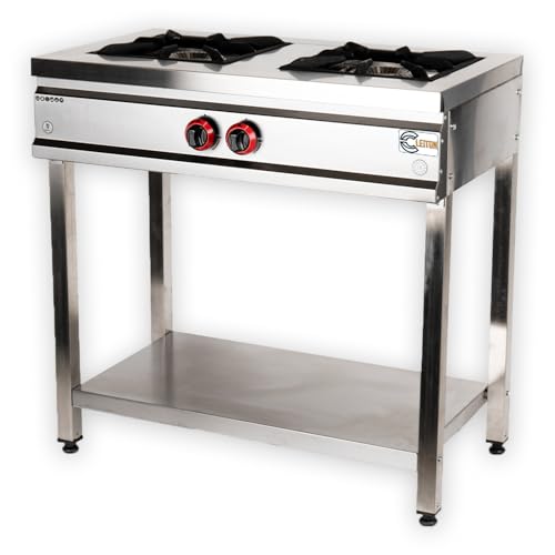 Cleiton® Cocina Industrial a Gas 2 Fuegos de 90x50 cm con Mueble Horizontal de Acero Inox con Regulador de Fuego y Termopar | Hornillo de Gas Butano para Bares y Restaurantes