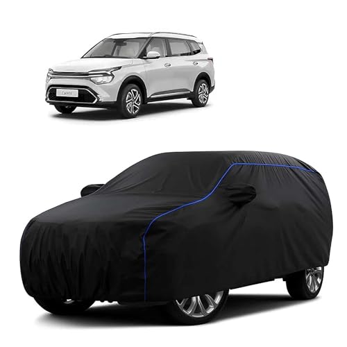 Image of Sulfar 100% Water Resistant Car Body Cover Compatible with Mirror for Kia Carens (Triple Stitched, Full Bottom Elastic, Black Tafetta with Blue Piping)