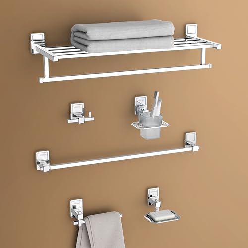 Image of Plantex Stainless Steel 304 Grade Towel Rack with Stainless Steel 304 Grade Darcy Bathroom Accessories Set 5pcs (Towel Rod /Napkin Ring /Tumbler Holder /Soap Dish /Robe Hook)