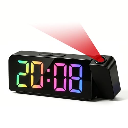 Reloj Despertador Digital Con Proyector 180 , Rgb Colorido Reloj Proyector Techo Con Visualización De Temperatura Y Fecha, 7 Pantalla Led, Usb Carga, Brillo Ajustables Para Niños Y Adultos, 12 24h