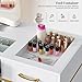 Paddie Manicure Table with Dust Collector, Glass Top Nail Tech Table Nail Desk Station w/7 Storage Drawers & 3-Tiers Open Shelves, Nail Beauty Workstation w/Wrist Cushion & Golden Handles(White Color)