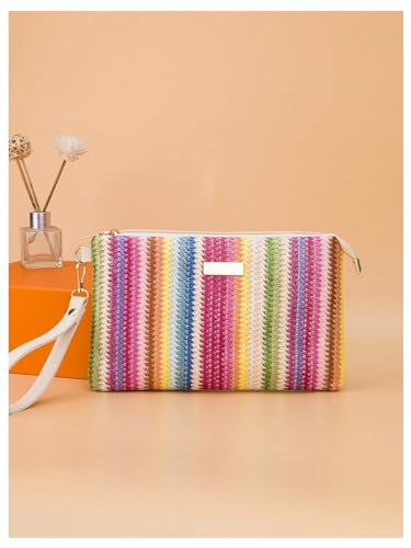 Verdusa Bolsa feminina de palha, boho, verão, praia, tecido com zíper, carteira de pulso, Multicor,