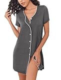 ADOME Nachthemden Zum Knöpfen Schlafhemd Damen Still Schlafshirt für Damen mit Knopfleiste Nachtwäsche Sommer V-Ausschnitt Stillnachthemd Geburt Kurzarm Dunkelgrau S