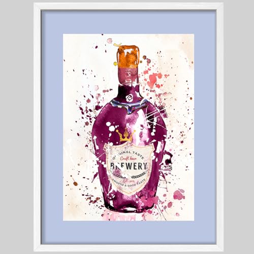 SIGNWIN Framed Poster Purple Craft Beer Bottle Bold Watercolor with Splashes Illustrations Minimalist Decorative for Living Room, Bedroom, Office - 11"x14" White