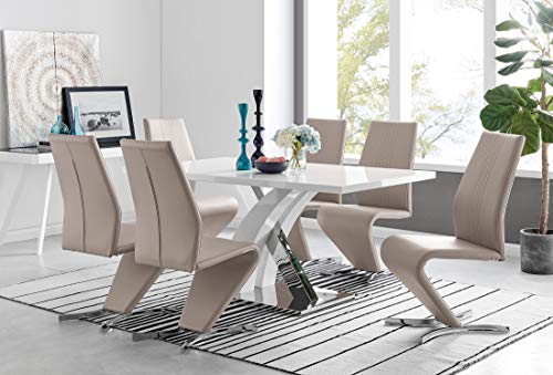 Atlanta Rectangle Chrome Metal Modern Stylish High Gloss White 6 Seater Dining Table and 6 Premium Willow Dining Chairs Set (Dining Table + 6 Cappuccino Grey Willow Chairs)