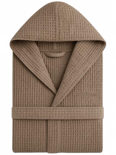 o-day Peignoir Nid d'Abeille Femme et Peignoir Nid d'Abeille Homme en Coton avec Capuche Poches et Ceinture, Léger et de Voyage S-XXXL (IT, Texte, L, Regular, Regular, Modèle 7 - Taupe)
