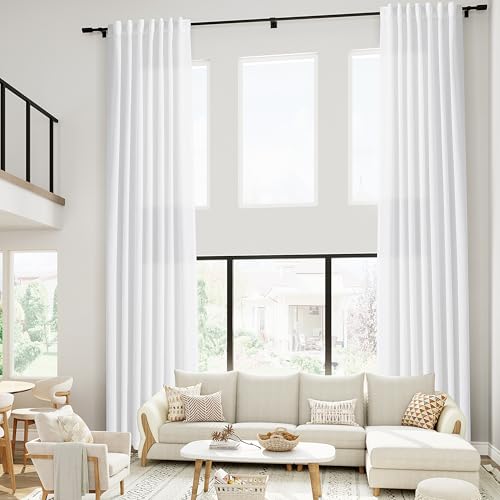 Image of Nanspring Extra Long White Linen Curtains 240 Inch Length for Living Room 2 Panels Set Back Tab Drapes Light Filtering Semi Sheer Curtain for Floor to Ceiling Large Window Farmhouse Decor 52x240