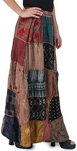 Exotic India Long Printed Dori Skirt from Gujarat with Patch Work - Color Coca Mocha