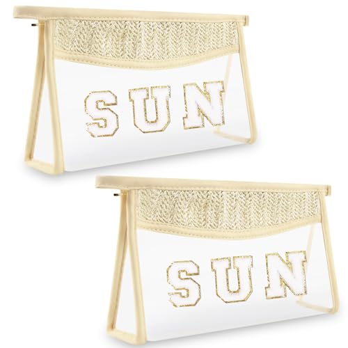 2 Pcs Boho Straw Clear Makeup Letter Bag BEACH Pouch, Sunscreen Bags for Beach Travel Small Cute Chenille Letter SPF Bag Pouch,Waterproof Beach Toiletry Sun Bag Best Beach Accessories for Women(SUN) by izuzta - Used condition - US$13.53