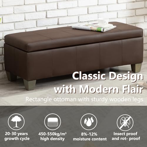 Image of 51 Inch Storage Ottoman, Storage Bench with Safety Hinge, Upholstered Synthetic Leather Ottoman Bench for Bedroom, Living Room, Entryway, Hallway, Foot Rest, Support 500lbs, Brown