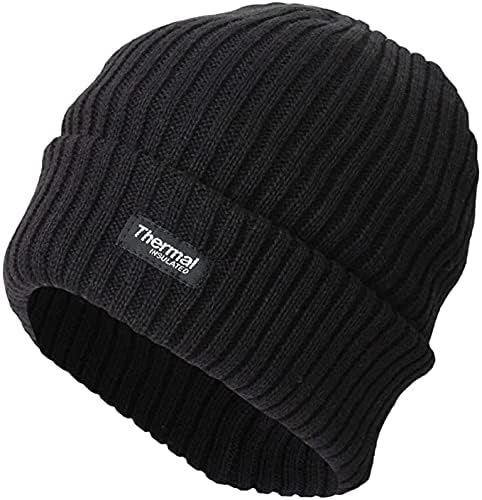 Mrao® Men's Thermal Insulated Warm Winter Knitted 40g Ribbed Cuffed Skullies & Beanie Hat Black