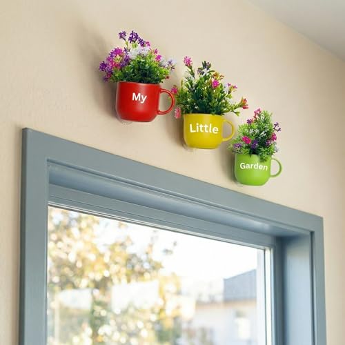 Image of Dekorly Wall Hanging Mug Planters with Artificial Flowers (20CM) - Decorative Hanging Cups, Colorful Floral Wall Decor for Living Room Bedroom Balcony Office Gift Set (3, My Little Garden)