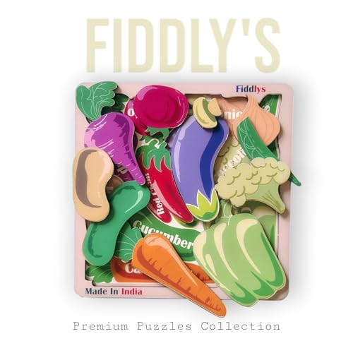 Image of Fiddlys Wooden Educational Jigsaw Puzzles for Toddlers & Preschoolers, Double Layered Wooden Puzzles with Bright Front & Back Print Alphabet Shapes and Numbers Learning, Toy (Vegetable)