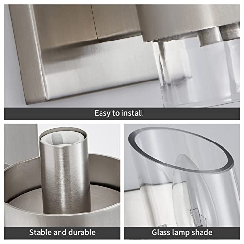 Image of WUZUPS Set of 2 1-Light Bathroom Wall Light Fixture Over Mirror Class Shade Morden Vanity Scones for Bathroom Bedroom Living Room, E12 Base, Brushed Nickel