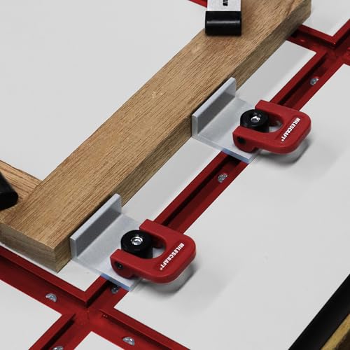 Image of Milescraft 4031 Cam Stops 4 Pack Quick Adjust T-Track Stops. Anodized, 1-9 /16 inch Long with Cam Lever. Low Profile for Boards 3 /4 inch or Thicker.