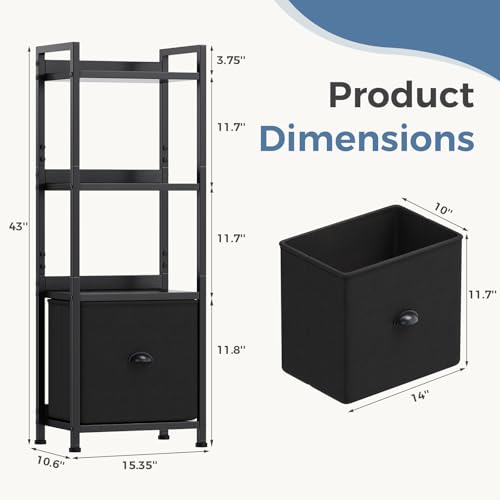 Image of DUMOS 4 Tier Bookshelf with Fabric Drawer, Industrial Bookcase, Narrow Display Standing Shelf, Wood and Metal Storage Shelf Organizer in Bedroom, Living Room, Black