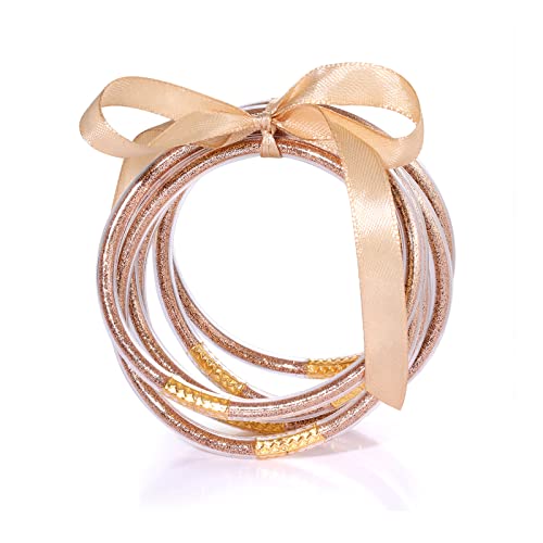 FAERLIIRY Glitter Jelly Bangles Bracelets Gold Bangle Bracelets for Women Men Stack Layer Bracelets Waterproof Sparkly Bowknot Bangles Summer Beach Jewelry (Rose Gold) by FAERLIIRY - Used condition - US$11.32