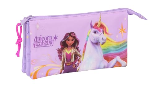 Safta Unicorn Academy - Astuccio Triplo, Astuccio Per Bambini, Ideale Per Bambini In Età Scolastica, Comodo E Versatile, Qualità E Resistenza, 22 X 3 