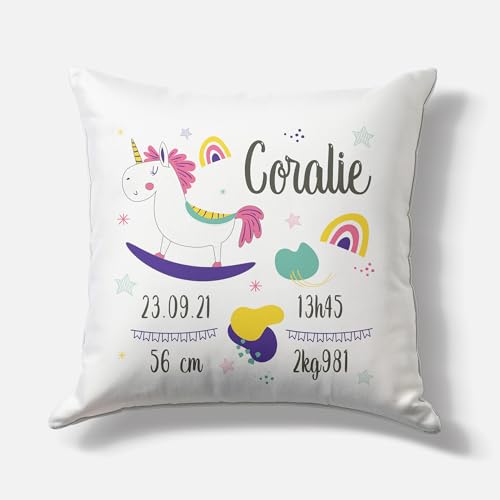 Marquage Unique Coussin personnalisé bébé 40x40 cm – Prénom ou Naissance – Licorne Colorée – Housse satinée ou Mate – Cadeau Naissance personnalisé