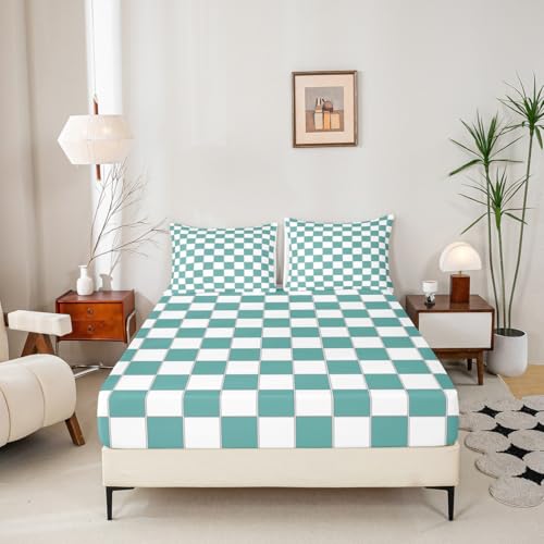 Image of Erosebridal Teal Plaid Bed Sheets Queen Turquoise Checkered Sheet Set Geometric Grids Gingham Bedding Set for Kids Boys Girls,Soft Lightweight Fitted Flat Sheets 4 Piece