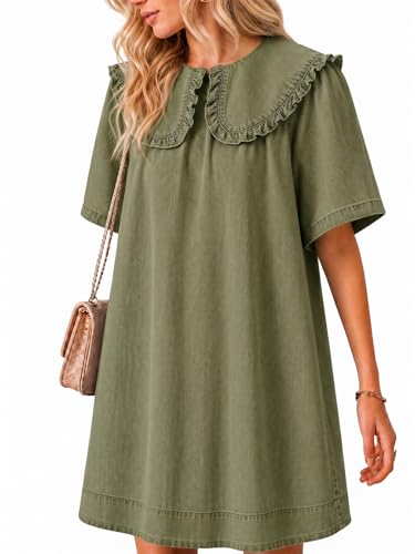 Wenrine Womens Summer Denim Mini Dress Oversized Peter Pan Collar Short Sleeve Casual Flowy Babydoll Jean Dresses