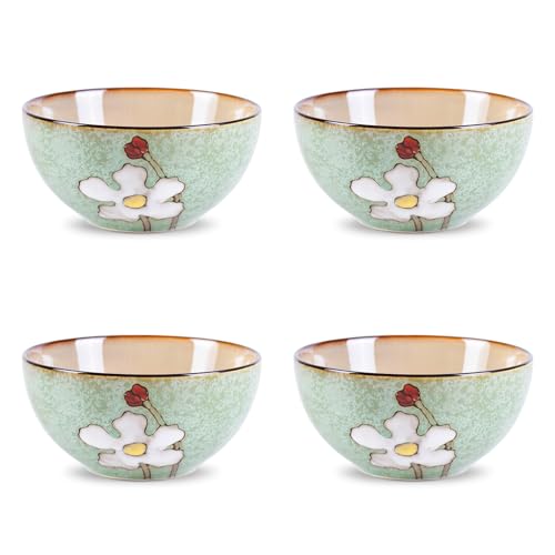 WHITEPEONY 28oz Ceramic Bowls Set of 4 for Kitchen, 6 Inch Hand-painted Floral Serving Bowls, Dishwasher Microwave Oven Safe, for Salad, Pasta, Ramen, Rice & Dessert, Breakfast Lunch Dinner, Green