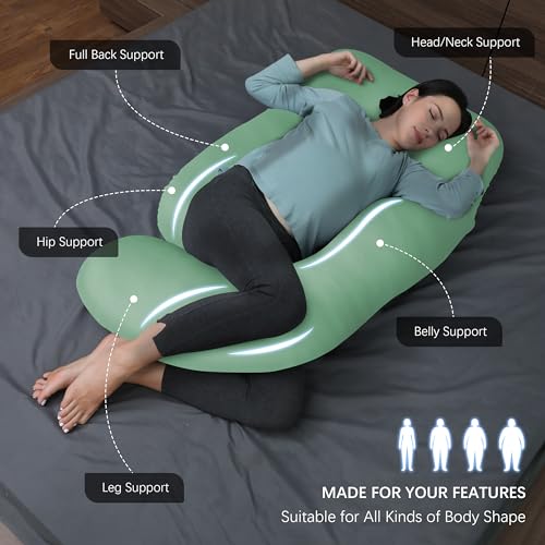 Image of MOON PARK Pregnancy Pillows for Sleeping - U Shaped Full Body Maternity Pillow with Removable Cover - Support for Back, Legs, Belly, HIPS - 65 Inch - Green - Cooling Cover