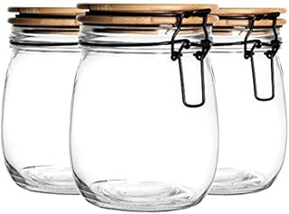 Argon Tableware 6 Piece Airtight Storage Jar with Wooden Lid Set - Round Scandinavian Style Glass Canister - Black Seal - 750ml