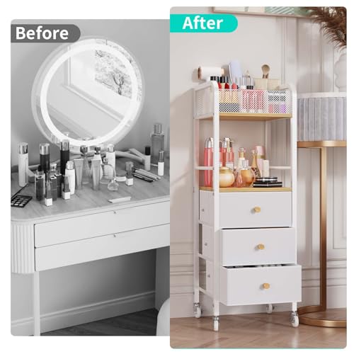 HapiRm Kosmetik Rollwagen Schminktisch Organizer - Boden-Hautpflege Rollwagen Kosmetikstudio mit 3 Schubladen, Kosmetikwagen mit Rollen Kosmetikvitrinen, Halter für Hautpflege, Parfüm, Nagellackbürste