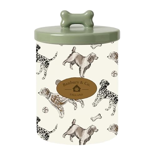 Banbury & Co Ceramic Dog Treat Jar | 1.6L Pet Food Storage Container | Airtight Lid Keeps Treats Fresh | Stylish Dog Print Design | 13.8 × 13.8 × 19.3cm