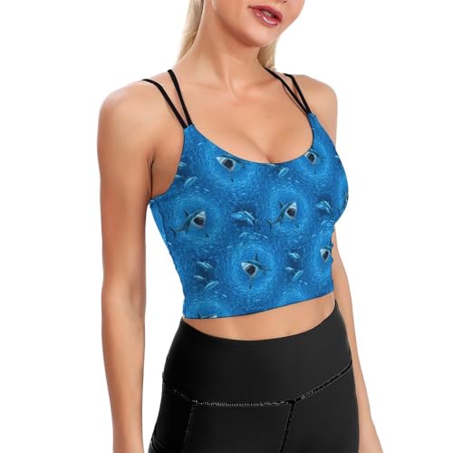 Supportive Cross Back Sports Bra Ocean Shark Blue Printing, Padded