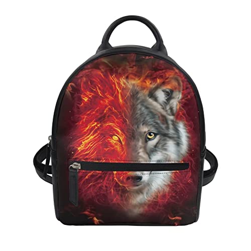 Showudesigns Wolf Backpack for Girls Teenager Purse Gifts Mini Pu Leather Backpacks Ladies Small Shoulder Bag Casual Daypack Red Flame Handbag