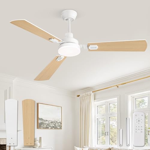 Ventilador de techo con luz LED 132 cm, mando a distancia, para interior y exterior,CCT 3000K-6000K,motor DC reversible silencioso,6 velocidades, Temporizador 1H/4H/8H,aspas blancas/madera clara