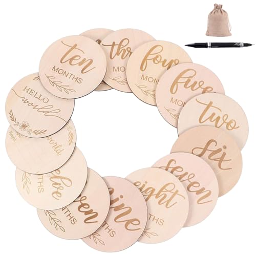 AYVRUOP 14pcs Carte Per Pietre Miliari In Legno Per Bambini Con Borsa portaoggetti e pennarello,Carte Milestone Neonato,Mensili Dischi Milestone In Legno per registrare la crescita del neonato