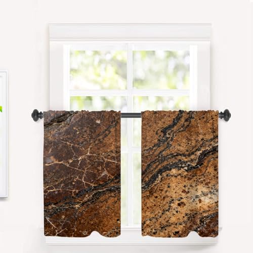 BaoNews Brown Texture Blackout Tier Curtains, Brown Rock Marble Texture Half Window Drapes for Kitchen with Rod Pocket,Room Darkening 2 Pack 26X36 Inches