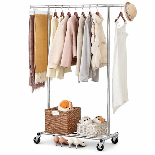 Image of House Of Home Heavy Duty Clothes Rail with Shelf on Wheels – Adjustable Width & Height, Garment Rack, 80kg Capacity, Lockable Castors, Chrome