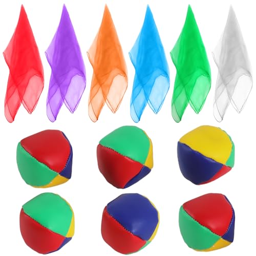 FYSL Jonglierbälle und Jongliertücher Set, 6 Juggling Balls aus Leder Ø6cm+ 6 Chiffontücher 60×60 cm, Jonglieren Lernen für Kinder & Erwachsene, Motoriktraining für Kindergarten, Schule und Zuhause